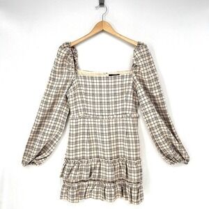 Forever 21 Dress Women SIze M Ruffle Beige Gray Plaid Long Bubble‎ Sleeve Mini